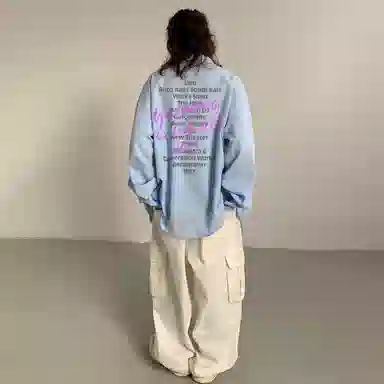 冰飞 美式复古高街时尚个性创意蜡笔手绘字母图案印花宽松休闲翻领长袖衬衣服嘻哈街头无性别主义白色衬衫 男女同款
