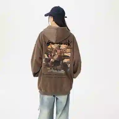 冰飞 美式复古嘻哈街头个性灵感创意撕裂感西方人物油画图案印花宽松休闲高级感水洗做旧上衣服重磅时尚百搭连帽卫衣 男女同款