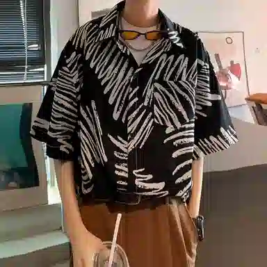 冰飞 美式复古时尚个性冰丝凉感亲肤透气夏威夷风沙滩半袖衬衣服潮牌潮流短袖条纹花衬衫 男女同款
