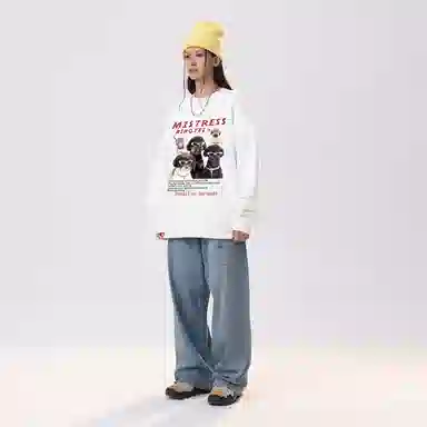 冰飞 美式高街复古学院风创意趣味搞怪风可爱狗狗图案字母印花宽松休闲舒适圆领落肩套头上衣服无性别主义重磅长袖卫衣 男女同款