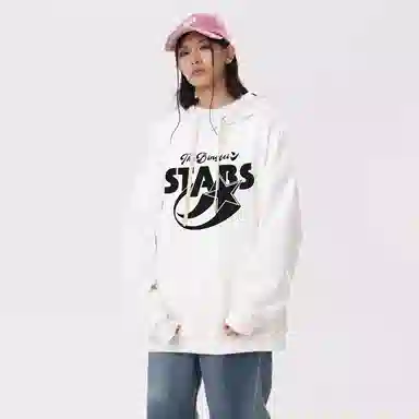 冰飞 美式复古学院风趣味星星字母图案印花宽松休闲落肩套头潮牌痞帅设计高级感小众硬挺重磅加绒加厚连帽卫衣 男女同款