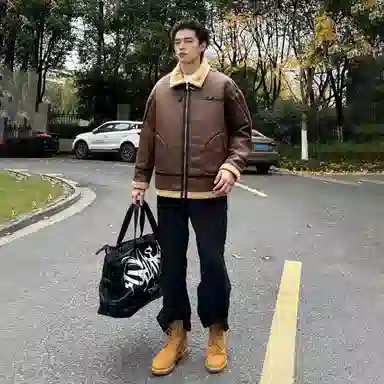 冰飞 韩系加厚加绒美式机车服高街学院风设计感撞色宽松潮牌无性别户外休闲百搭保暖纯色翻领棉服 男女同款