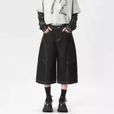 冰飞 美式复古高级感解构线条拼接简约基础款宽松休闲舒适七分潮牌潮流高街小众牛仔短裤 男女同款 原牛黑