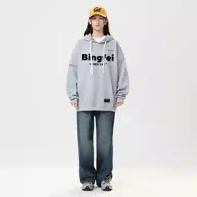 冰飞 美式复古高街学院风个性潮流基础款字母立体胶标图案宽松休闲百搭高级感穿搭重磅加绒加厚连帽长袖卫衣 男女同款