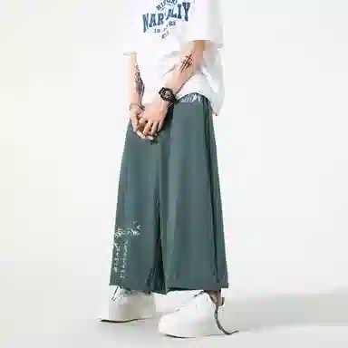 冰飞 新中式国风个性手绘创意竹叶字母印花宽松时尚百搭简约基础款松紧腰户外机能伞兵束脚休闲裤 男女同款