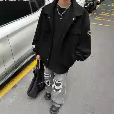 冰飞 美式复古嘻哈街头字母立体字母胶标图案基础款纯色宽松休闲时尚百搭痞帅夹棉加厚保暖单排扣翻领毛呢夹克外套 男女同款