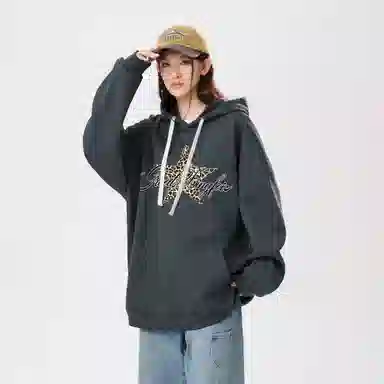 冰飞 美式时尚小众设计感百搭连帽慵懒风豹纹星星印花御寒保暖加绒加厚套头重磅上衣卫衣 男女同款