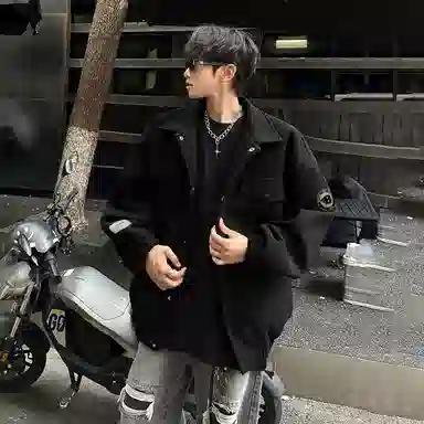 冰飞 美式复古嘻哈街头字母立体字母胶标图案基础款纯色宽松休闲时尚百搭痞帅夹棉加厚保暖单排扣翻领毛呢夹克外套 男女同款