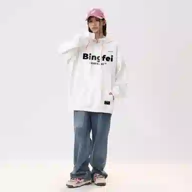 冰飞 美式复古高街学院风个性潮流基础款字母立体胶标图案宽松休闲百搭高级感穿搭重磅加绒加厚连帽长袖卫衣 男女同款