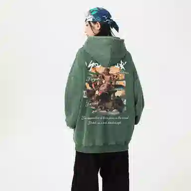 冰飞 美式复古嘻哈街头个性灵感创意撕裂感西方人物油画图案印花宽松休闲高级感水洗做旧上衣服重磅时尚百搭连帽卫衣 男女同款