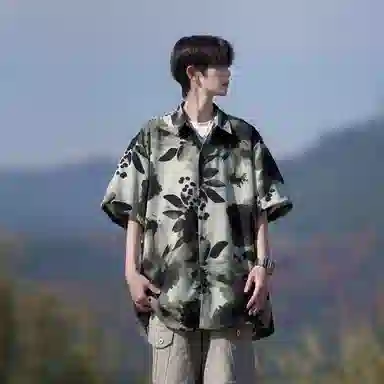 冰飞 美式学院风经典休闲潮流时尚百搭宽松翻领短袖衬衫 男女同款