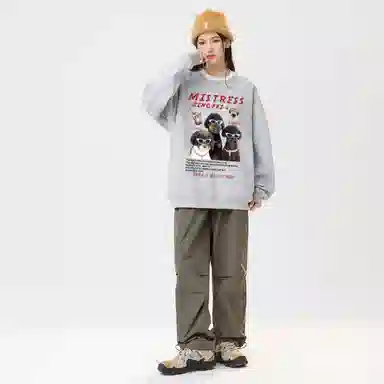 冰飞 美式高街复古学院风创意趣味搞怪风可爱狗狗图案字母印花宽松休闲舒适圆领落肩套头上衣服无性别主义重磅长袖卫衣 男女同款