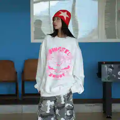 冰飞 美式复古高街创意趣味涂鸦卡通人物字母图案印花宽松舒适圆领套头落肩重磅卫衣 男女同款