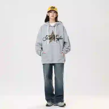 冰飞 美式时尚小众设计感百搭连帽慵懒风豹纹星星印花御寒保暖加绒加厚套头重磅上衣卫衣 男女同款