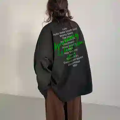 冰飞 美式复古高街时尚个性创意蜡笔手绘字母图案印花宽松休闲翻领长袖衬衣服嘻哈街头无性别主义白色衬衫 男女同款