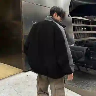 冰飞 美式复古嘻哈街头字母胶标图案基础款纯色拼接羊羔毛宽松休闲柔软亲肤舒适加厚保暖御寒时高级感痞帅拉链翻领棉服 男女同款