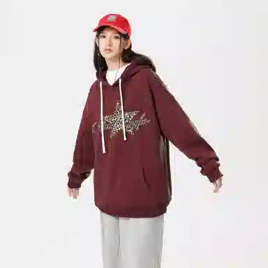 冰飞 美式时尚小众设计感百搭连帽慵懒风豹纹星星印花御寒保暖加绒加厚套头重磅上衣卫衣 男女同款