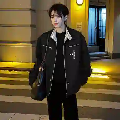 冰飞 美式复古高级感领口格纹撞色拼接廊形解构设计痞帅炸街重磅拉链立领长袖工装夹克 男女同款