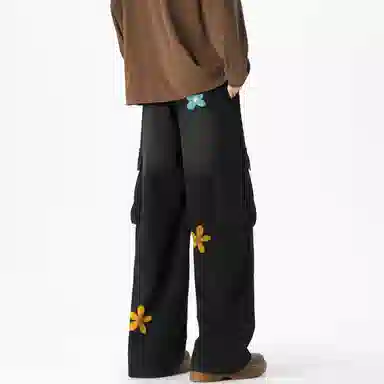 冰飞 美式印花涂鸦线条工装裤大口袋个性设计手绘字母休闲时尚潮流百搭显瘦宽松拖地裤牛仔裤 男女同款
