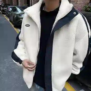冰飞 美式复古学院风字母胶标图案基础款纯色拼接羊羔毛宽松休闲柔软亲肤舒适加厚保暖御寒潮牌百搭痞帅拉链翻领绒感棉服 男女同款