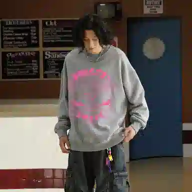 冰飞 美式复古高街创意趣味涂鸦卡通人物字母图案印花宽松舒适圆领套头落肩重磅卫衣 男女同款