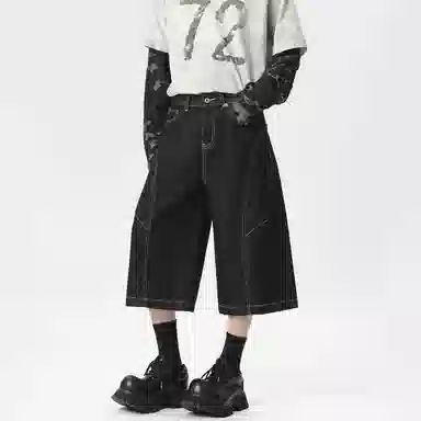 冰飞 美式复古高级感解构线条拼接简约基础款宽松休闲舒适七分潮牌潮流高街小众牛仔短裤 男女同款 原牛黑