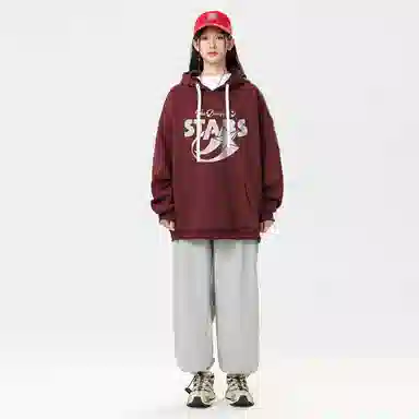 冰飞 美式复古学院风趣味星星字母图案印花宽松休闲落肩套头潮牌痞帅设计高级感小众硬挺重磅加绒加厚连帽卫衣 男女同款