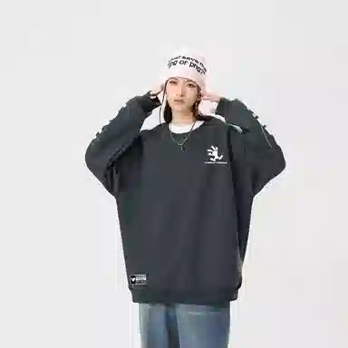 冰飞 美式复古高街创意趣味卡通动漫图案双臂字母印花宽松休闲舒适圆领套头秋衣服嘻哈街头学院风时尚重磅长袖卫衣 男女同款