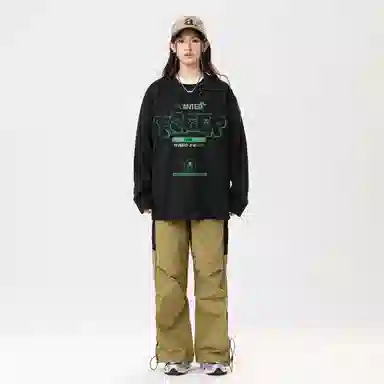 冰飞 美式复古学院风创意趣味手绘立体字母图案印花宽松休闲舒适套头落肩圆领上衣服潮牌潮流重磅长袖卫衣 男女同款