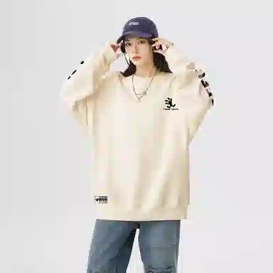 冰飞 美式复古高街创意趣味卡通动漫图案双臂字母印花宽松休闲舒适圆领套头秋衣服嘻哈街头学院风时尚重磅长袖卫衣 男女同款