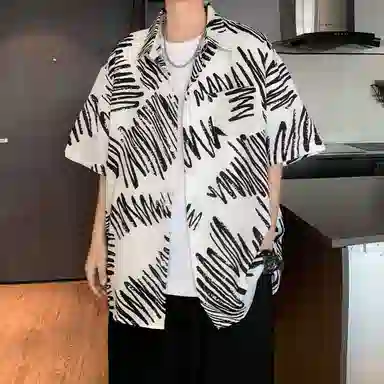 冰飞 美式复古时尚个性冰丝凉感亲肤透气夏威夷风沙滩半袖衬衣服潮牌潮流短袖条纹花衬衫 男女同款