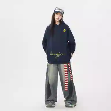 冰飞 美式复古高级感简约基础款创意手绘字母图案发泡印花高街潮牌外套学院风小众设计感高克重磅连帽卫衣 男女同款
