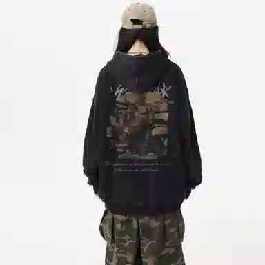 冰飞 美式复古嘻哈街头个性灵感创意撕裂感西方人物油画图案印花宽松休闲高级感水洗做旧上衣服重磅时尚百搭连帽卫衣 男女同款