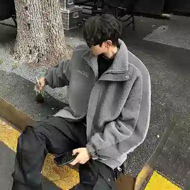 冰飞 美式复古嘻哈街头字母胶标图案基础款纯色拼接羊羔毛宽松休闲柔软亲肤舒适加厚保暖御寒时高级感痞帅拉链翻领棉服 男女同款