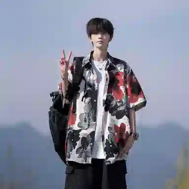 冰飞 美式学院风经典休闲潮流时尚百搭宽松翻领短袖衬衫 男女同款