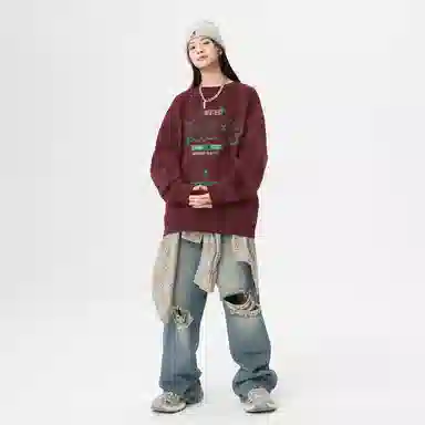 冰飞 美式复古学院风创意趣味手绘立体字母图案印花宽松休闲舒适套头落肩圆领上衣服潮牌潮流重磅长袖卫衣 男女同款
