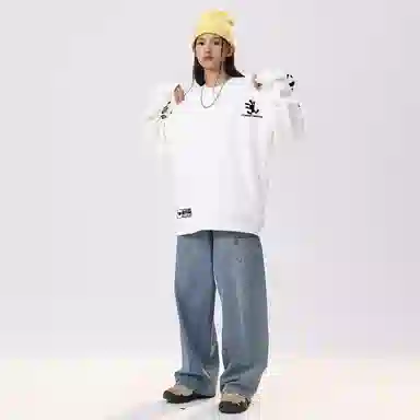 冰飞 美式复古高街创意趣味卡通动漫图案双臂字母印花宽松休闲舒适圆领套头秋衣服嘻哈街头学院风时尚重磅长袖卫衣 男女同款