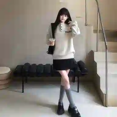 冰飞 美式复古高街花卉字母简约基础款软糯亨利领打底衫亲肤舒适柔软百搭毛线衣无性别主义宽松休闲慵懒保暖套头长袖针织衫 男女同款