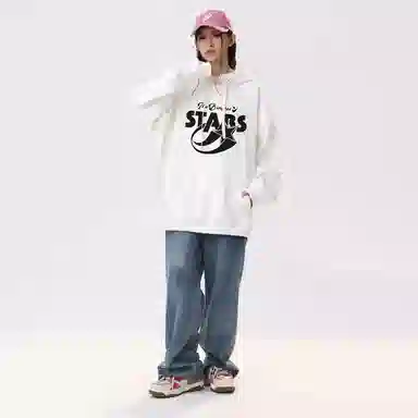 冰飞 美式复古学院风趣味星星字母图案印花宽松休闲落肩套头潮牌痞帅设计高级感小众硬挺重磅加绒加厚连帽卫衣 男女同款