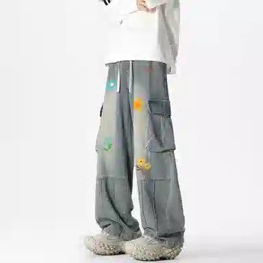 冰飞 美式印花涂鸦线条工装裤大口袋个性设计手绘字母休闲时尚潮流百搭显瘦宽松拖地裤牛仔裤 男女同款