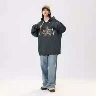 冰飞 美式时尚小众设计感百搭连帽慵懒风豹纹星星印花御寒保暖加绒加厚套头重磅上衣卫衣 男女同款