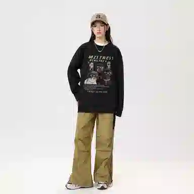 冰飞 美式高街复古学院风创意趣味搞怪风可爱狗狗图案字母印花宽松休闲舒适圆领落肩套头上衣服无性别主义重磅长袖卫衣 男女同款