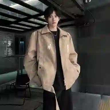 冰飞 美式复古解构学院风翻领防水防风后背双拉链设计潮牌痞帅时尚机车服宽松外套户外嘻哈街头皮衣 男女同款