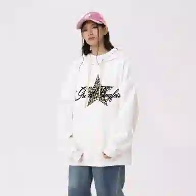 冰飞 美式时尚小众设计感百搭连帽慵懒风豹纹星星印花御寒保暖加绒加厚套头重磅上衣卫衣 男女同款