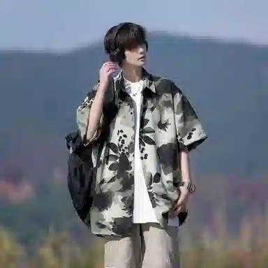 冰飞 美式学院风经典休闲潮流时尚百搭宽松翻领短袖衬衫 男女同款