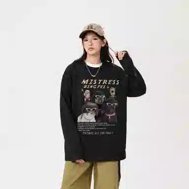 冰飞 美式高街复古学院风创意趣味搞怪风可爱狗狗图案字母印花宽松休闲舒适圆领落肩套头上衣服无性别主义重磅长袖卫衣 男女同款
