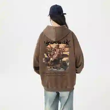 冰飞 美式复古嘻哈街头个性灵感创意撕裂感西方人物油画图案印花宽松休闲高级感水洗做旧上衣服重磅时尚百搭连帽卫衣 男女同款