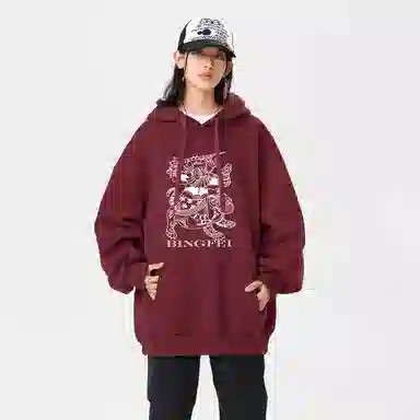 冰飞 美式嘻哈街头风复古民族风花型趣味年画印花宽松外套百搭重磅加绒加厚套头连帽卫衣 秋冬款 男女同款 加绒款/常规款可选