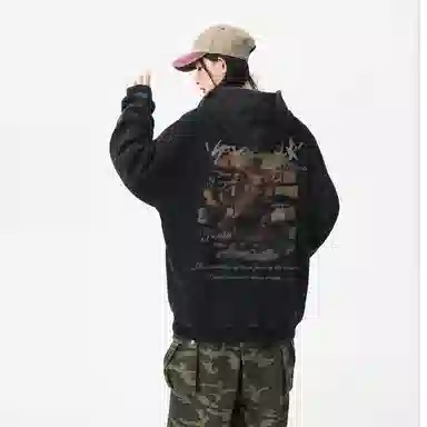 冰飞 美式复古嘻哈街头个性灵感创意撕裂感西方人物油画图案印花宽松休闲高级感水洗做旧上衣服重磅时尚百搭连帽卫衣 男女同款