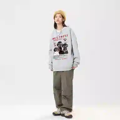 冰飞 美式高街复古学院风创意趣味搞怪风可爱狗狗图案字母印花宽松休闲舒适圆领落肩套头上衣服无性别主义重磅长袖卫衣 男女同款
